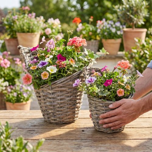 Set di 2 vasi da fiori in vimini naturale Ø12,5cm/20cm, decorazione vintage rustica | Floristik24.it