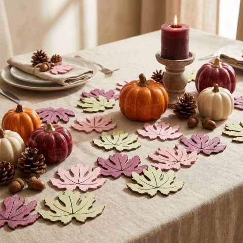 Decorazioni in legno a forma di foglie autunnali, per la tavola, nei colori viola, rosa e verde, 4 cm, 72 pezzi. | Floristik24.it