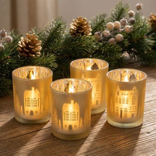 Portacandele in vetro, argento e oro, skyline cittadino, altezza 12,5 cm, 4 pezzi