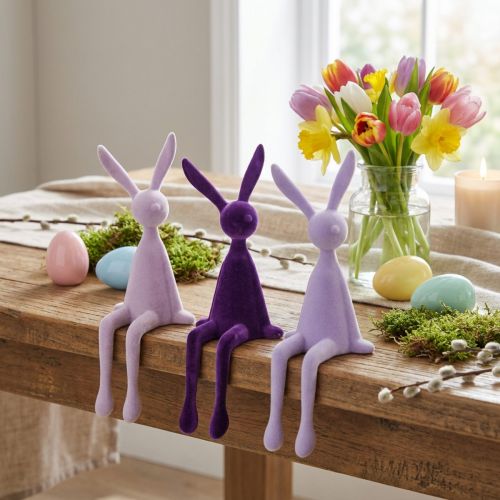 Coniglietto pasquale da scaffale, lilla floccato, 36 cm, 3 pezzi | Floristik24.it