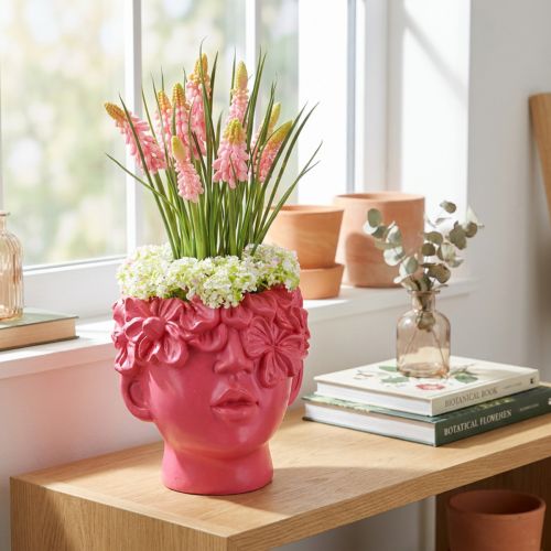 Vaso da fiori in poliresina con testa di pianta, rosa, 13,5×13×14 cm | Floristik24.it