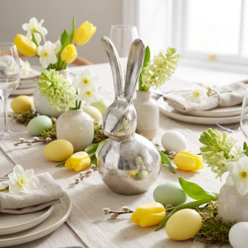Coniglio decorativo in metallo pasquale in argento rotondo Ø12cm H25cm | Floristik24.it