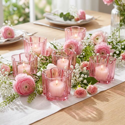 Portacandele a forma di fiore, in vetro rosa, Ø7,5 cm H6 cm, 6 pezzi | Floristik24.it