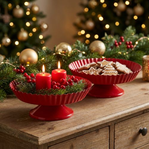 Piatto retrò decorativo su piede Metallo Rosso Ø14cm 2 pz | Floristik24.it