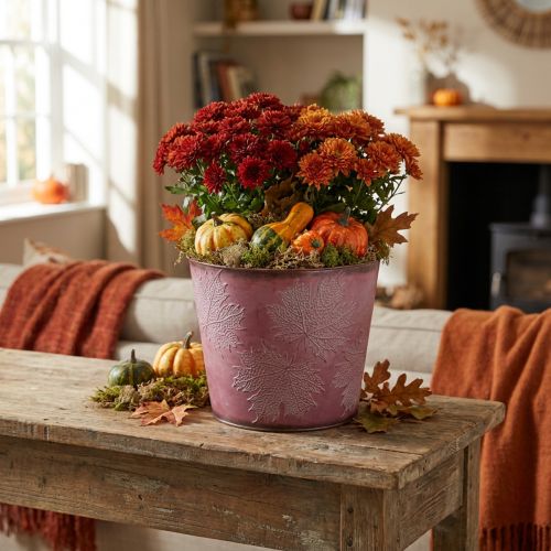 Vaso autunnale, secchio per piante, decorazione in metallo con foglie rosso vino Ø25,5cm H22cm | Floristik24.it