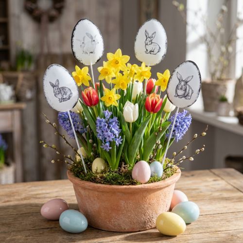 Tappo fiore uova decorative in metallo con coniglietti pasquali 5×7 cm 8 pz | Floristik24.it