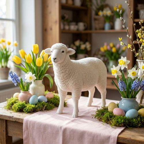 Figura decorativa pecora decorazione da tavolo Pasqua bianca floccata 30×28 cm | Floristik24.it