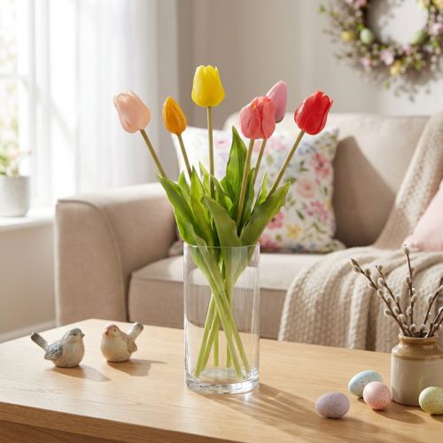 Prodotto Bouquet di tulipani artificiali, decorazione colorata e realistica, alta qualità per la casa, 43 cm, 7 pezzi