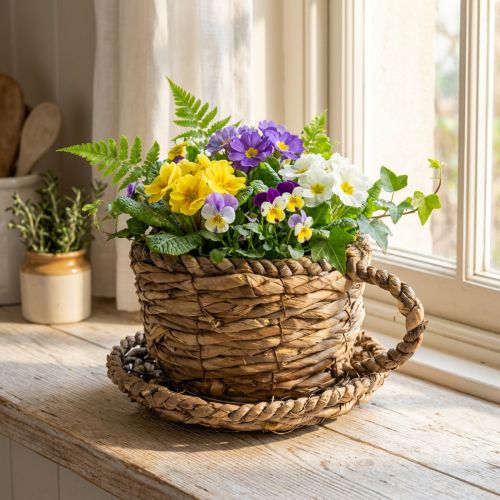 Tazza da piantare con piattino, piccolo cestino da piantare in paglia, Ø17cm H13cm | Floristik24.it