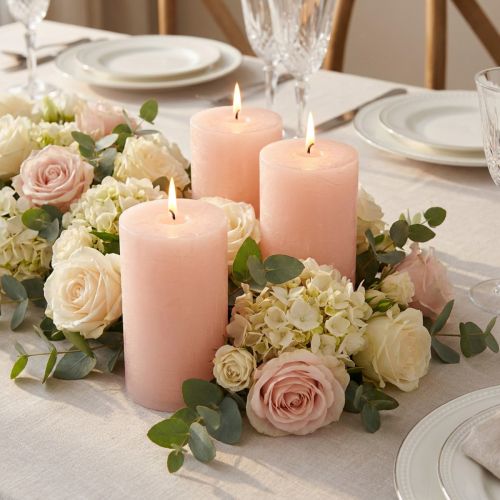 Candele a colonna rosa 70x120mm - Set di 4 candele decorative rosa chiaro per romanticismo e intimità, decorazione per matrimoni | Floristik24.it