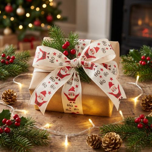 Nastro natalizio con Babbo Natale in cotone crema 40mm 15m | Floristik24.it
