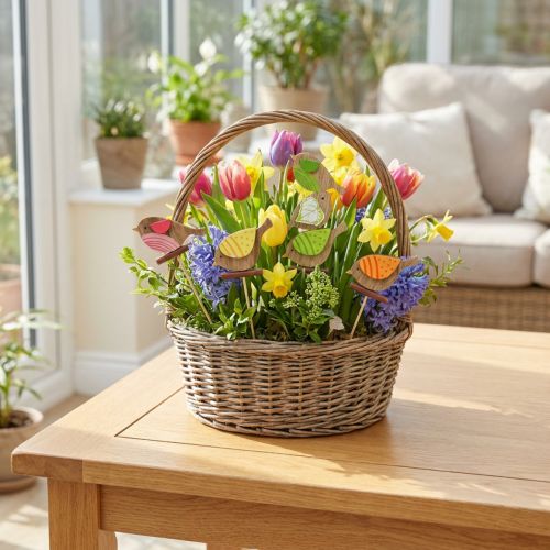 Uccelli decorativi primaverili con bastoncino in legno assortiti H10,5 cm 12 pz | Floristik24.it
