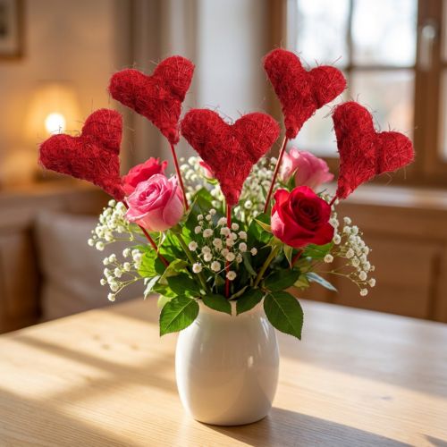 Cuore in sisal 5 cm rosso su stecco 24 pz | Floristik24.it