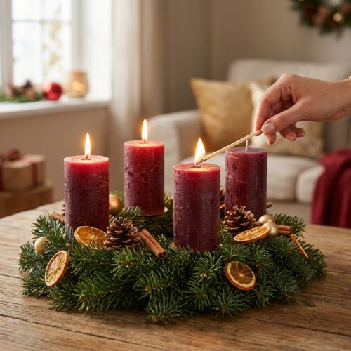 Candele dell'Avvento rustiche color bordeaux, 110×60 mm, set da 4, autoestinguenti | Floristik24.it