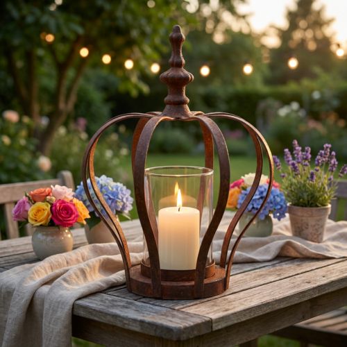 Lanterna Corona Marrone Ruggine Con Candela In Vetro Ø14cm H18cm | Floristik24.it