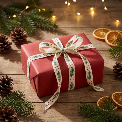 Prodotto Nastro regalo arricciato sostenibile, nastro natalizio con abete verde, 10 mm, 100 m