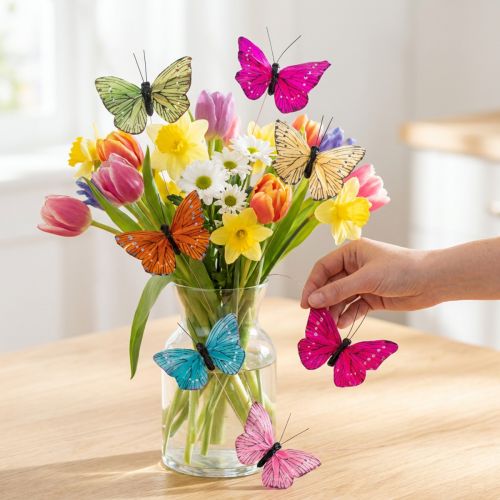 Prodotto Farfalle decorative su filo per decorazioni da tavola colorate, 7 cm, 12 pezzi