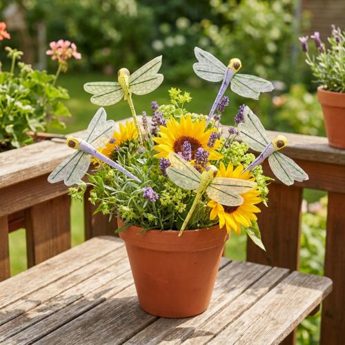 Prodotto Decorazione libellula su filo estate giallo viola 8x8cm 12 pz