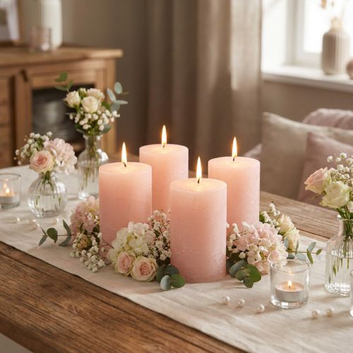 Candele romantiche a colonna rosa tinta unita, rosa chiaro, 70×80 mm, set da 4 - Candele decorative per un'atmosfera accogliente | Floristik24.it