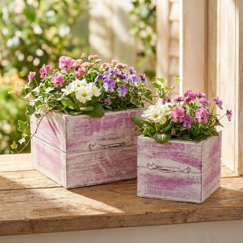 Cassetto per piante con maniglia in legno bianco rosa 12/15 cm set da 2 | Floristik24.it