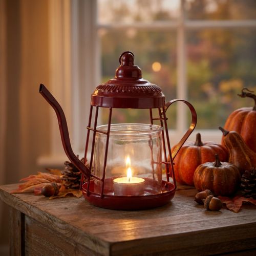 Porta tealight lanterna in vetro teiera rossa Ø15cm H26cm | Floristik24.it