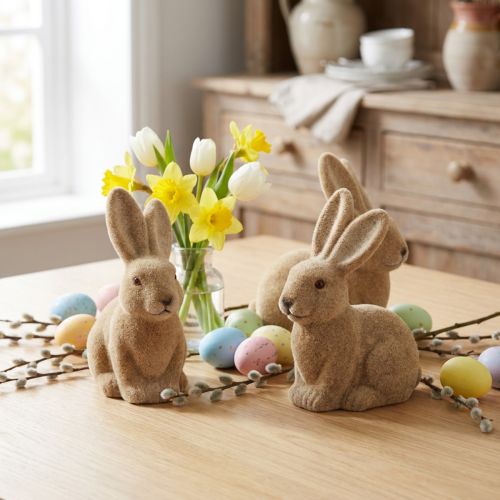 Coniglio pasquale seduto decorativo marrone – 2a scelta – floccato H15cm 4 pz | Floristik24.it