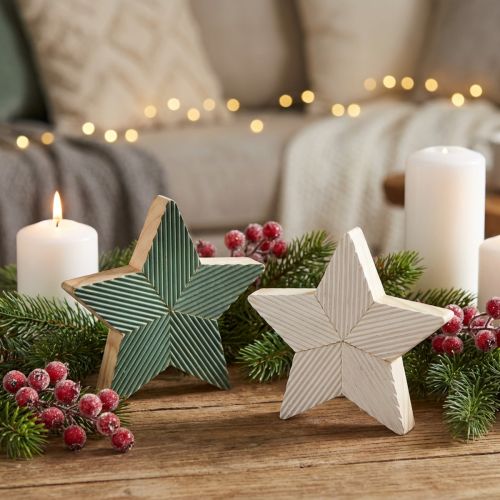 Prodotto Decorazione da tavolo scanalata con stelle in legno verde menta bianco 11 cm 6 pz