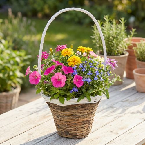 Cestino con manico, cesto naturale per piantare, cesto di fiori rotondo naturale, bianco H49cm Ø23,5cm | Floristik24.it