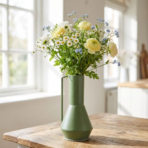 Vaso decorativo in metallo, verde, con manico; brocca decorativa vintage, altezza 14 cm, altezza 28,5 cm | Floristik24.it