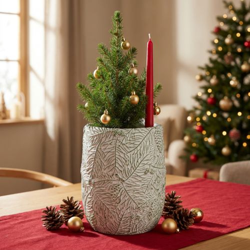 Fioriera in ceramica verde bianco grigio rami di pino Ø12cm H17.5cm | Floristik24.it