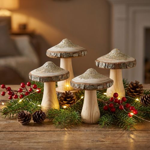 Corteccia di fungo in legno e funghi decorativi glitter in legno H8,5 cm 4 pz | Floristik24.it