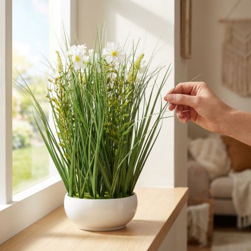 Erba decorativa con fiori di Cosmea in ciotola H45cm | Floristik24.it