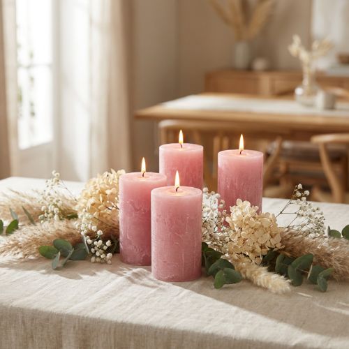 Set di 4 candele rustiche a colonna, rosa antico, candele di qualità, tinte in tutto il corpo, 80x110 mm, per una decorazione elegante e una lunga durata di combustione | Floristik24.it