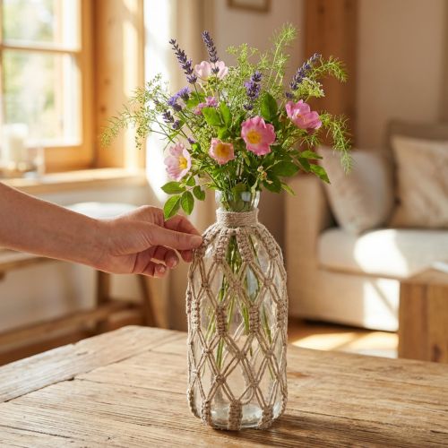 Vaso decorativo per bottiglia in macramè di vetro bottiglia Ø10cm H27cm | Floristik24.it