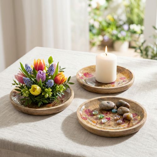 Piatti in legno con fiori e farfalle, rosa naturale, Ø15cm, 3 pezzi | Floristik24.it