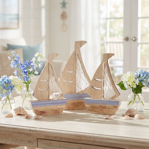 Supporto decorativo per barca a vela in legno azzurro naturale 25,5×16,5 cm 3 pz | Floristik24.it