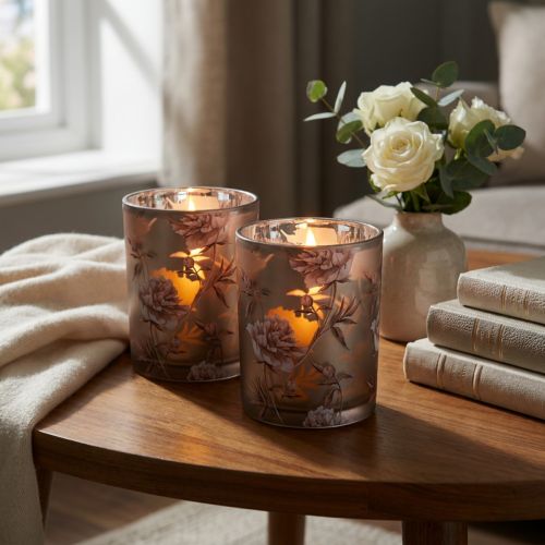 Lanterna decorativa in vetro con peonie color argento e marrone H12,5cm 2 pezzi | Floristik24.it