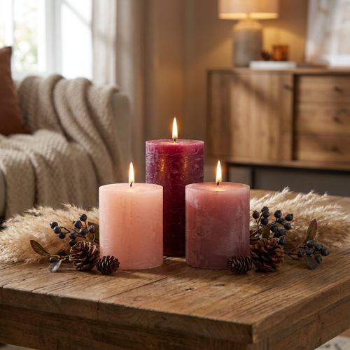 Prodotto Set di 12 candele a colonna, colore pieno, schema di colori bacca, candele decorative per l'arredamento della casa, 70×80 mm