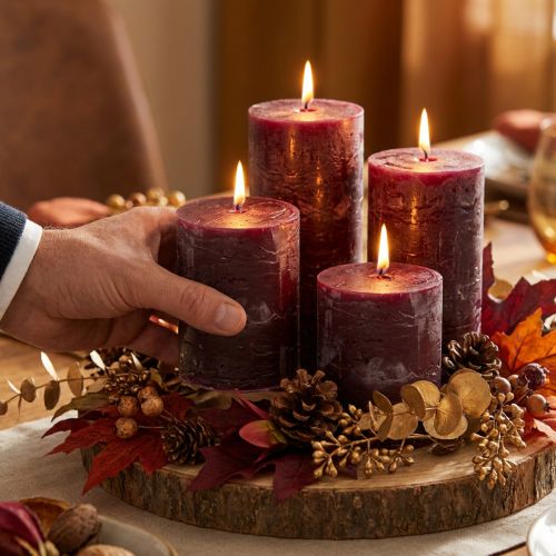 Candele a colonna color bordeaux, 70x80 mm, confezione da 4, per decorazioni eleganti e lunga durata di combustione | Floristik24.it
