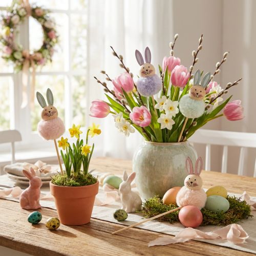 Prodotto Soffici figurine di coniglietti pasquali su bastoncino per allegre Pasque Decorazione stanza i fiori 34 cm, 12 pezzi