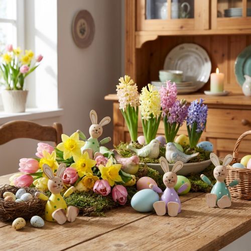 Coniglietti pasquali coniglietti colorati in legno decorazione da tavolo a pois H8cm 4 pz | Floristik24.it