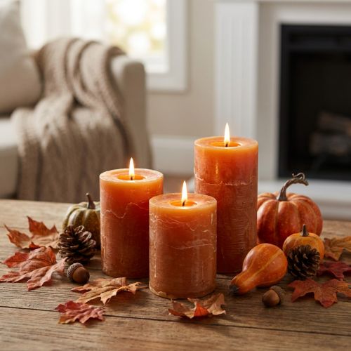 Candele a colonna color arancione scuro, tinta unita, Sunset Rustic, 60x80 mm, set da 4, per decorazioni autunnali e dell'Avvento | Floristik24.it