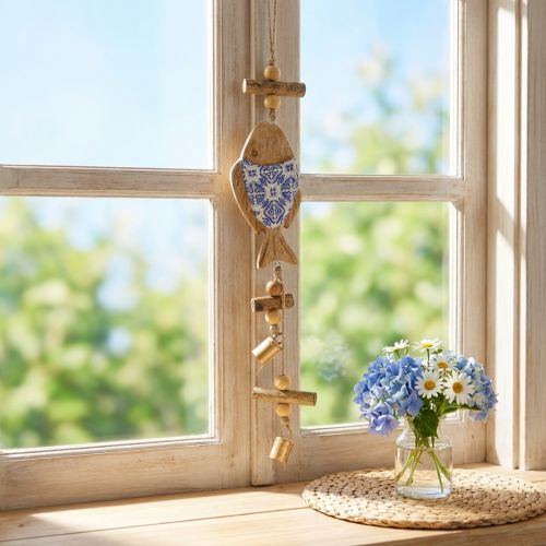 Pesce di legno per appendere campanella naturale blu bianco H46cm | Floristik24.it