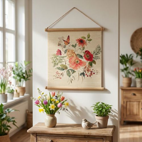 Decorazione murale floreale, decorazione murale in stuoia di bambù e legno con corda di iuta, altezza 44 x larghezza 42 cm per soggiorno | Floristik24.it