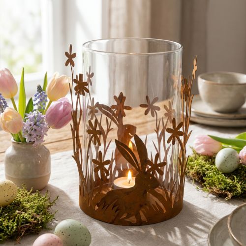 Lanterna con conigli, decoro primaverile, decoro in metallo con fiori, patina pasquale Ø11,5cm H18cm | Floristik24.it