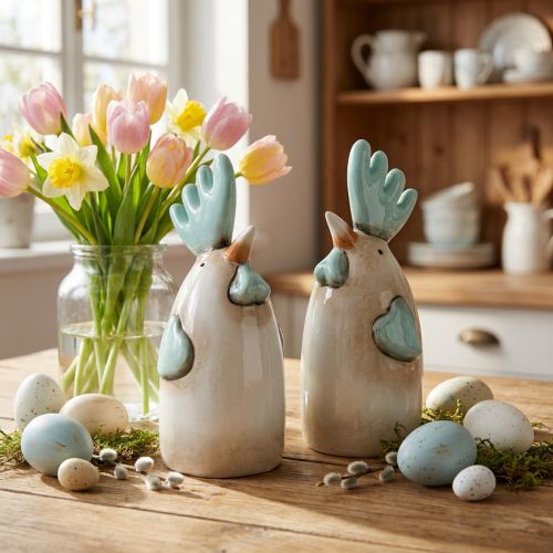 Decorazione da cucina in ceramica a forma di gallo, pollo, bianco, blu, marrone, altezza 14,5 cm, 2 pezzi | Floristik24.it