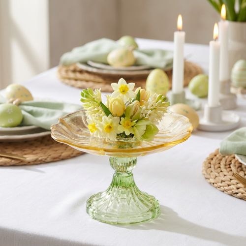 Prodotto Piatto decorativo in vetro con piedistallo, con decorazione floreale, ideale per presentazioni festive, 15 cm