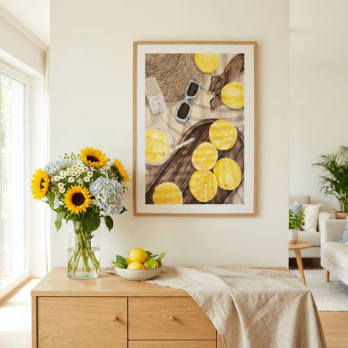 Decorazione murale "Sweet Lemon Time" - Quadro estivo con limonata e cappello di paglia, 40x60cm in cornice di legno | Floristik24.it