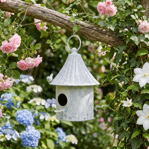 Casetta per uccelli da appendere in metallo bianco blu Ø15cm H21cm | Floristik24.it