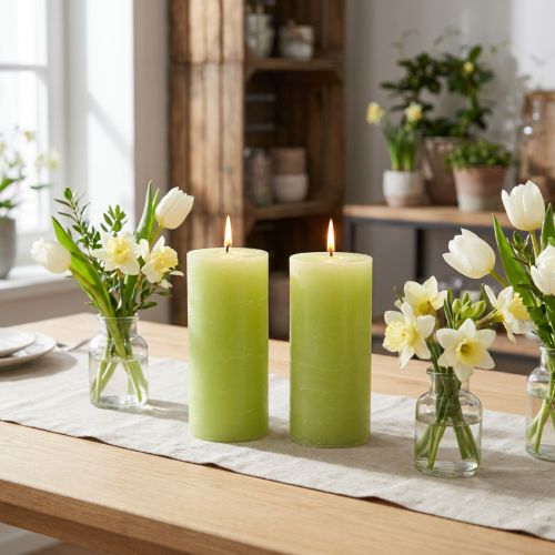 Candele a colonna in tinta unita, verde lime, 85×150 mm, set da 2, candele di alta qualità per l'atmosfera e la decorazione della casa | Floristik24.it